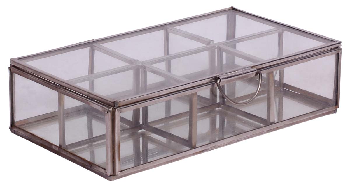 8” Rectangle Shaped Jewelry Box with Top Lid Cover - 6 Compartments - Handmade in Glass & Steel - Keepsake / Storage / Trinket Boxes - Home Decor - Buy in Bulk Wholesale